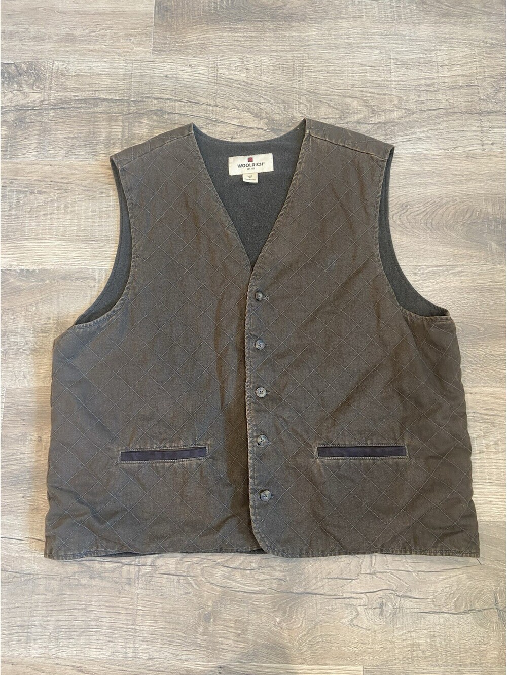 VTG Woolrich Men's XL Saddle Quilted Vest Brown Button Front Fleece Lined Cotton